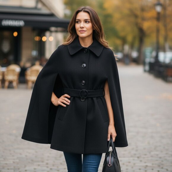 Michael Kors Jackets & Blazers - Michael Kors Black Wool Blend Designer Trench Belted Cape Size Large